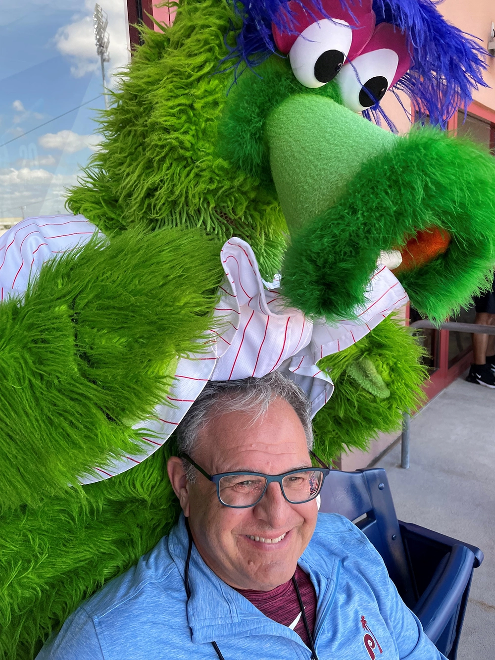 While supporting his hometown baseball team, Stan received some attention from Phillie Phanatic, the team's mascot